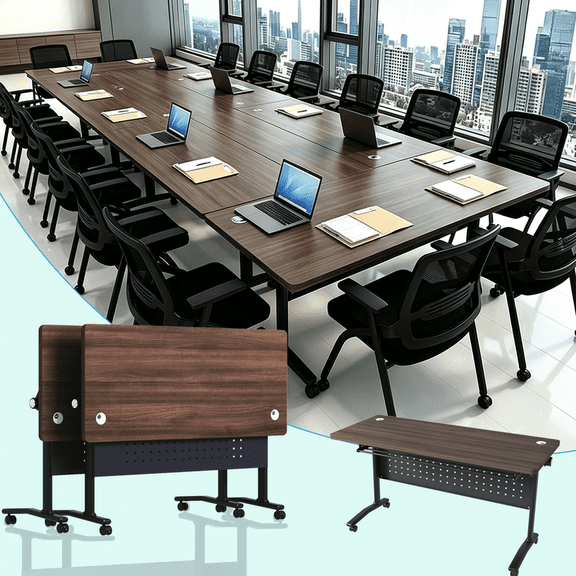 2Pack Folding Conference Table for 2-20 Person,61in Modular Training Table With Wheels for Office Classroom,WalnutA