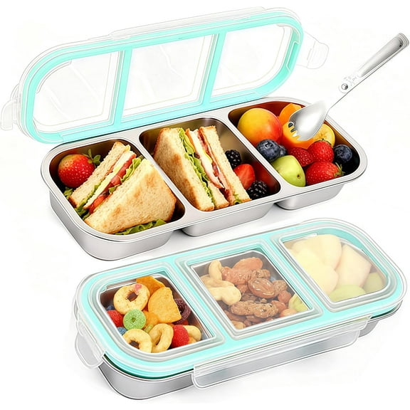 2Pack Food Storage Containers with Airtight Lid, Stainless Steel Snack Containers, Leak Proof Metal Lunchbox with Compartment and Spoon, Lunch Box Bento Box for Home ,Office, Travel, Meal Prep, Blue