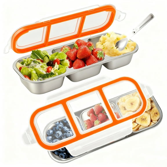 2Pack Food Storage Containers with Airtight Lid, Stainless Steel Snack Containers, Leak Proof Metal Lunchbox with Compartment and Spoon, Lunch Box Bento Box for Home ,Office, Travel, Meal Prep, Blue