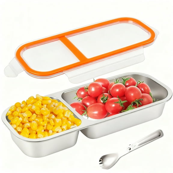 2Pack Food Storage Containers with Airtight Lid, Stainless Steel Snack Containers, Leak Proof Metal Lunchbox with Compartment and Spoon, Lunch Box Bento Box for Home ,Office, Travel, Meal Prep