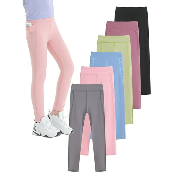 2Pack Girls Athletic Leggings Kids Dance Workout Running Yoga High Waisted Tights Leggins Pants with Pocket 4-12Y