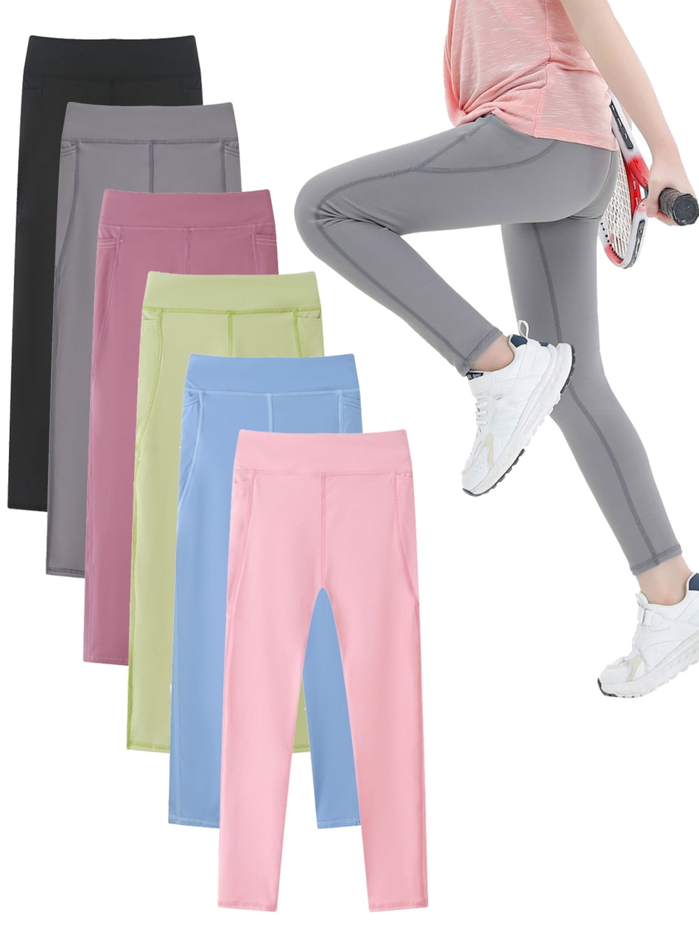 2Pack Girls Athletic Leggings Kids Dance Workout Running Yoga High Waisted  Tights Leggins Pants with Pocket 4-13Y