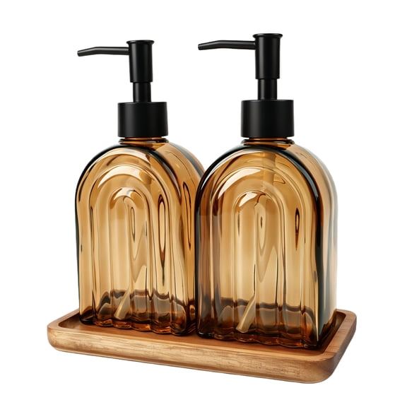 2Pack Glass Soap Dispenser with Tray , 400ml/13.5oz Soap Dispenser,Kitchen and Bathroom Accessories, Brown
