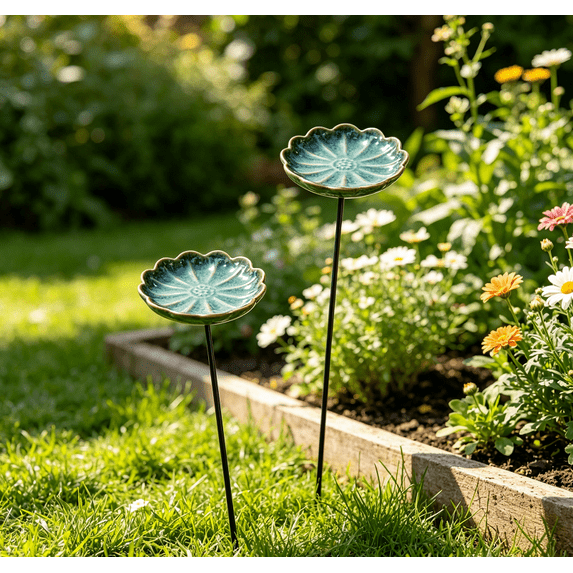 2Pack Glazed Ceramic Pollinator Waterer With Stake Floral Butterfly Feeder Outdoor Garden Bird Bath Yard Ornament For Patio Backyard Garden Decor