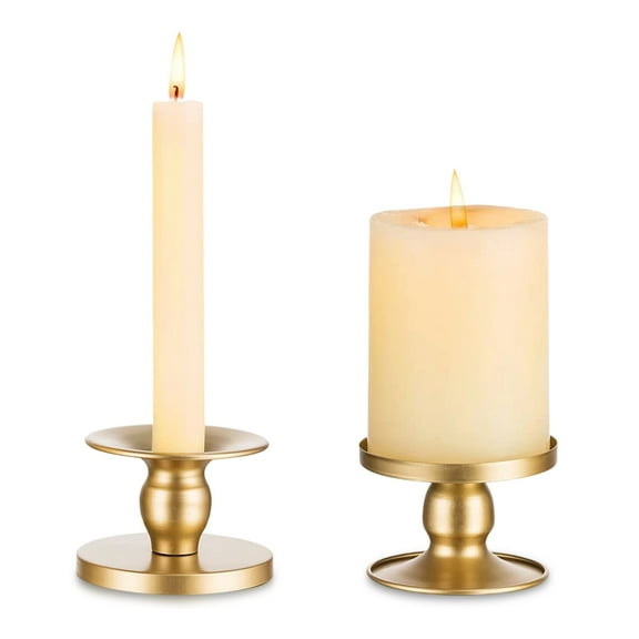 2Pack Gold Metal Candle Holders for Pillar and Taper Candles, Elegant Table Centerpiece for Weddings, Dining Room Decor, and Holiday Celebrations