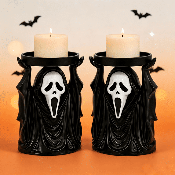 2Pack Halloween 3D Printed Ghost Face Candle Holder Halloween Decor, Spooky Raised Hands Candle Stand, Gothic Figure Tabletop Mantel Decoration for Halloween Party Home Display
