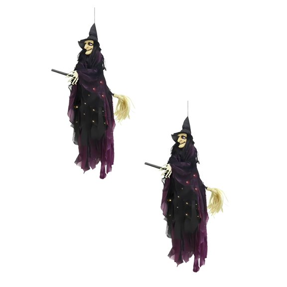 2Pack Halloween Cloth Flying Witch Hanging Prop Light Up Animated, For Garden And Yard