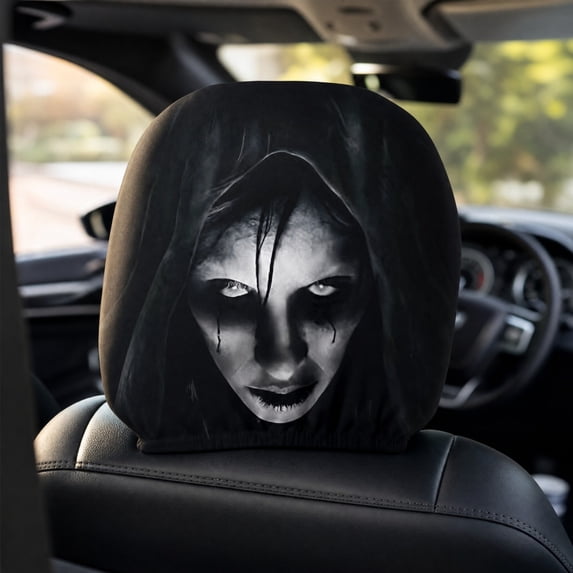 2Pack Halloween Decorations Ghost Face Headrest Covers, Scary Face Printing Auto Seat Universal Elastic Models Headrest Protector with Glowing-Eye for Car Interior