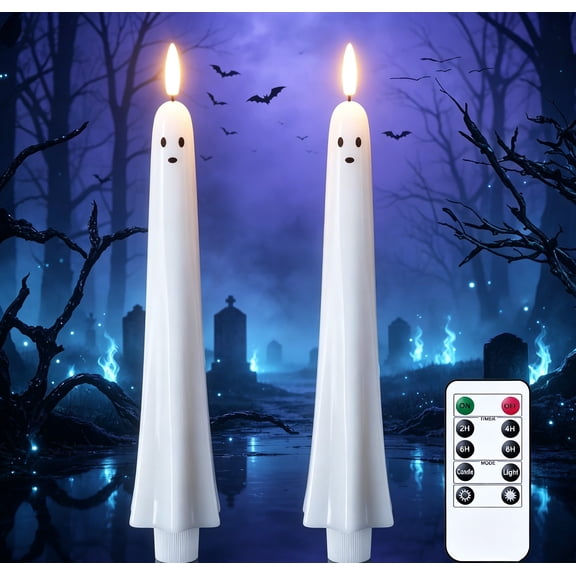 2Pack Halloween Flameless Taper Candles with Remote & Timer, LED Light Up Halloween Candles Spooky Ghost Battery Operated 3D Wick Flickering Halloween Candles for Halloween Decorations Indoor Gift