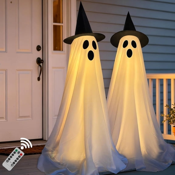 2Pack Halloween Ghost Decorations Outdoor with Remote Lights for Yard | Outdoor Halloween Decorations with Battery-operated Remote Lights. Easy to Assemble Ghost Decorations for Front Porch Yard