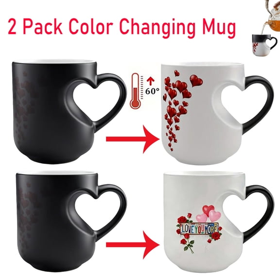 2Pack Heart-Shaped Color Changing Magic Ceramic Mug, Novelty Coffee Cup with Handle Reveal Romantic Surprises Gift for Couples Valentine's Mother's Day, Heart + Love Your More Mug