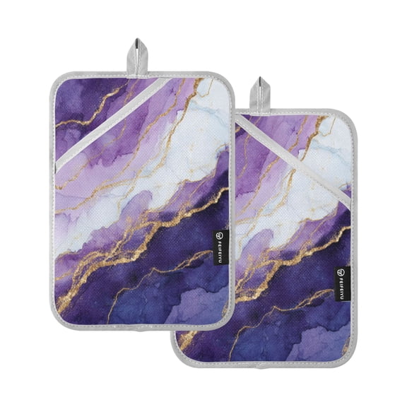 2Pack Heat-Resistant Quilted Cotton Potholders - Stylish Kitchen Grips for Hot Pots & Pans Ovens Abstract Dark Purple Marble
