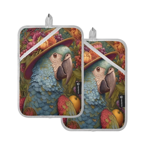 2Pack Heat-Resistant Quilted Cotton Potholders - Stylish Kitchen Grips for Hot Pots & Pans Ovens Beautiful Parrot