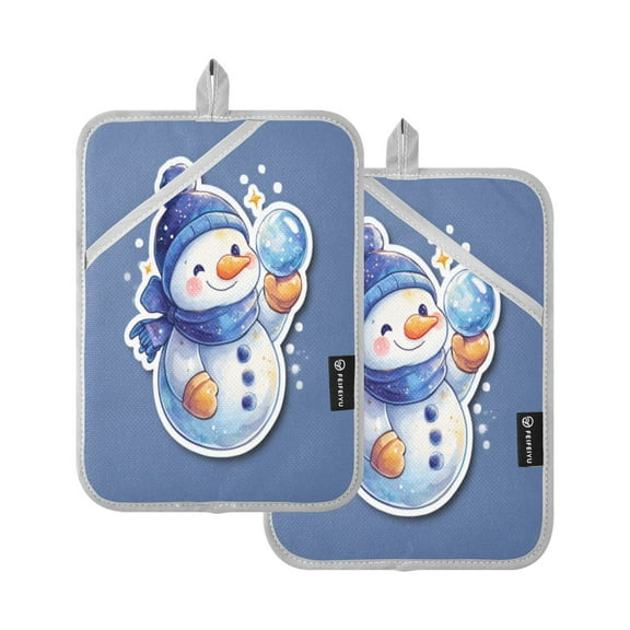 2Pack Heat-Resistant Quilted Cotton Potholders - Stylish Kitchen Grips for Hot Pots & Pans Ovens Blue Snowman Sticker Pattern