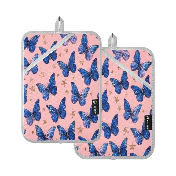 2Pack Heat-Resistant Quilted Cotton Potholders - Stylish Kitchen Grips for Hot Pots & Pans Ovens Blue-purple Swallowtail Butterfly