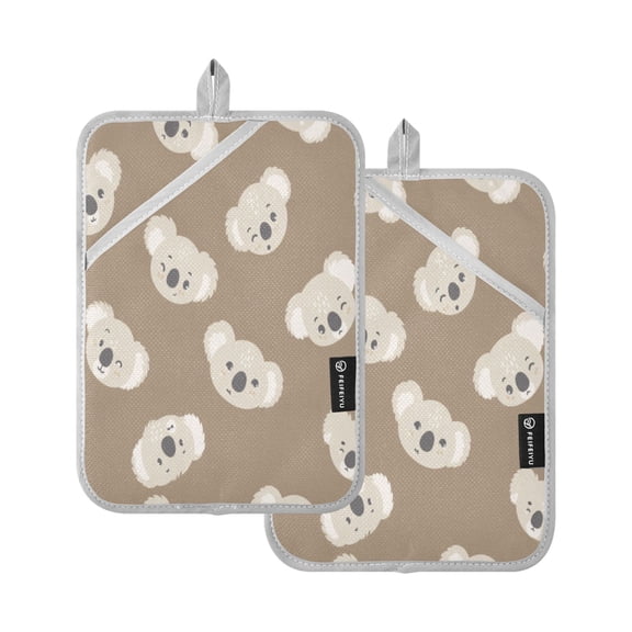 2Pack Heat-Resistant Quilted Cotton Potholders - Stylish Kitchen Grips for Hot Pots & Pans Ovens Brown Koala Face Pattern