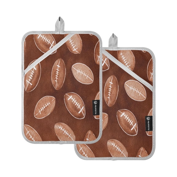 2Pack Heat-Resistant Quilted Cotton Potholders - Stylish Kitchen Grips for Hot Pots & Pans Ovens Brown Rugby Balls Pattern