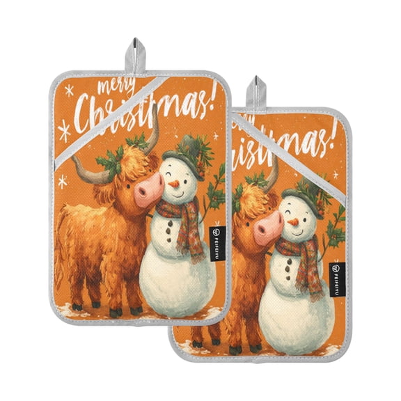 2Pack Heat-Resistant Quilted Cotton Potholders - Stylish Kitchen Grips for Hot Pots & Pans Ovens Christmas Snowman and Cute Yak