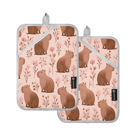 2Pack Heat-Resistant Quilted Cotton Potholders - Stylish Kitchen Grips for Hot Pots & Pans Ovens Cute Brown Capybara Pattern