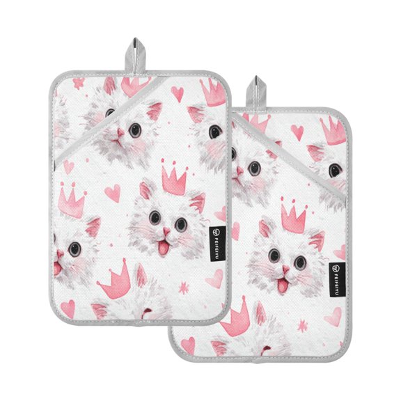 2Pack Heat-Resistant Quilted Cotton Potholders - Stylish Kitchen Grips for Hot Pots & Pans Ovens Cute Crown Cats