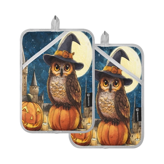 2Pack Heat-Resistant Quilted Cotton Potholders - Stylish Kitchen Grips for Hot Pots & Pans Ovens Cute Magic Owl