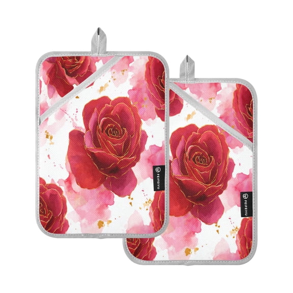 2Pack Heat-Resistant Quilted Cotton Potholders - Stylish Kitchen Grips for Hot Pots & Pans Ovens Digital Art Red Roses Pattern