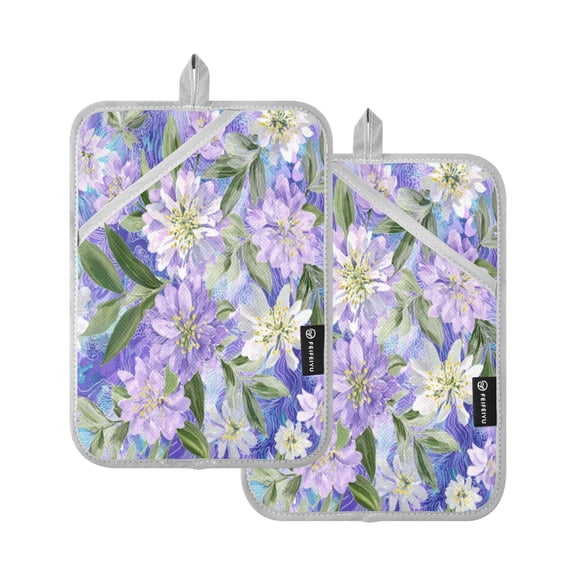2Pack Heat-Resistant Quilted Cotton Potholders - Stylish Kitchen Grips for Hot Pots & Pans Ovens Elegant Purple Daffodil Pattern