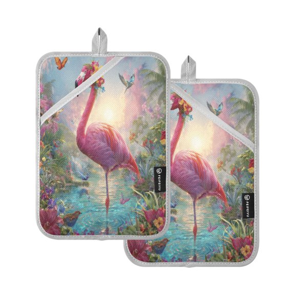 2Pack Heat-Resistant Quilted Cotton Potholders - Stylish Kitchen Grips for Hot Pots & Pans Ovens Exotic Paradise Flamingo