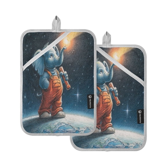 2Pack Heat-Resistant Quilted Cotton Potholders - Stylish Kitchen Grips for Hot Pots & Pans Ovens Explorer Elephant