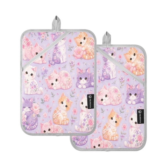 2Pack Heat-Resistant Quilted Cotton Potholders - Stylish Kitchen Grips for Hot Pots & Pans Ovens Floral Kittens Pattern Graphic