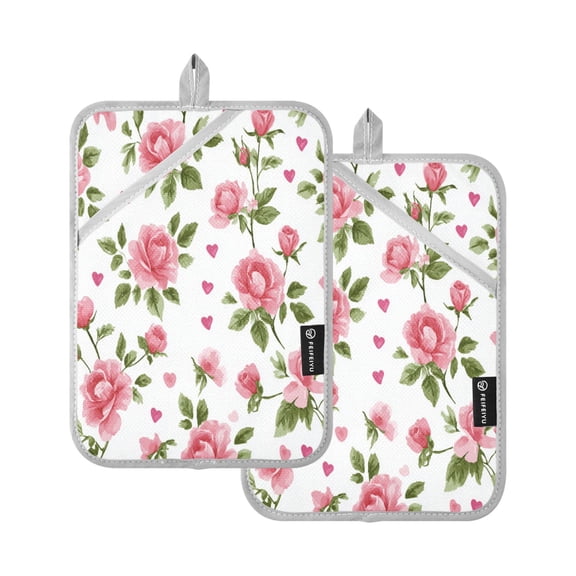 2Pack Heat-Resistant Quilted Cotton Potholders - Stylish Kitchen Grips for Hot Pots & Pans Ovens Floral Rose Seamless Print