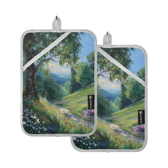 2Pack Heat-Resistant Quilted Cotton Potholders - Stylish Kitchen Grips for Hot Pots & Pans Ovens Flower-covered Forest Paths