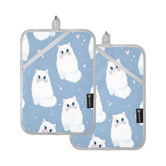 2Pack Heat-Resistant Quilted Cotton Potholders - Stylish Kitchen Grips for Hot Pots & Pans Ovens Fluffy White Cat Seamless Pattern