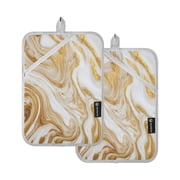 2Pack Heat-Resistant Quilted Cotton Potholders - Stylish Kitchen Grips for Hot Pots & Pans Ovens Golden Curved Marble