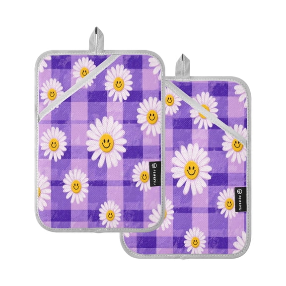 2Pack Heat-Resistant Quilted Cotton Potholders - Stylish Kitchen Grips for Hot Pots & Pans Ovens Happy Daisies on Purple