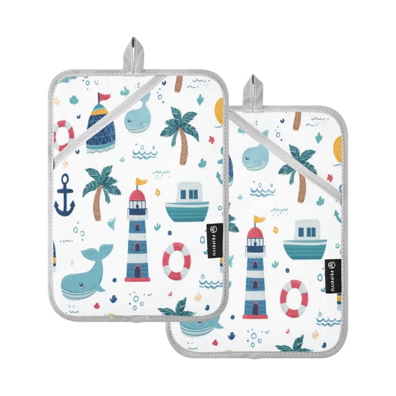2Pack Heat-Resistant Quilted Cotton Potholders - Stylish Kitchen Grips for Hot Pots & Pans Ovens Interesting Marine Symbols