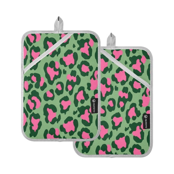 2Pack Heat-Resistant Quilted Cotton Potholders - Stylish Kitchen Grips for Hot Pots & Pans Ovens Leopard Print with Pink Accents