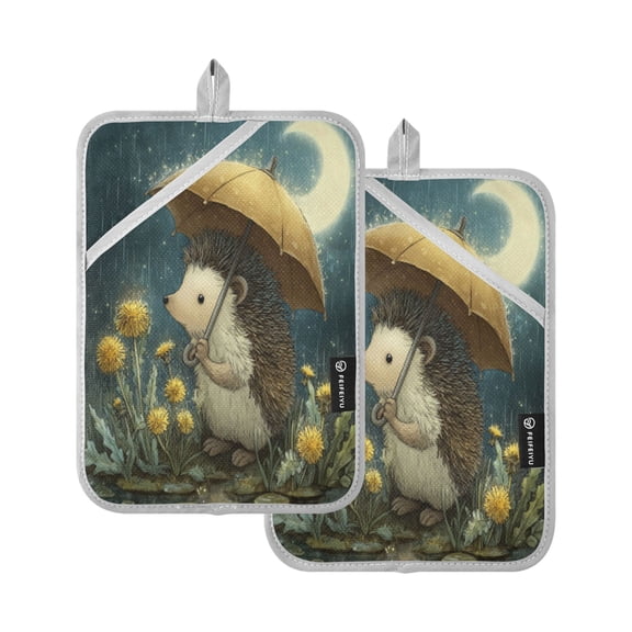 2Pack Heat-Resistant Quilted Cotton Potholders - Stylish Kitchen Grips for Hot Pots & Pans Ovens Little Hedgehog Holding An Umbrella