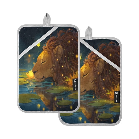 2Pack Heat-Resistant Quilted Cotton Potholders - Stylish Kitchen Grips for Hot Pots & Pans Ovens Lonely Lion