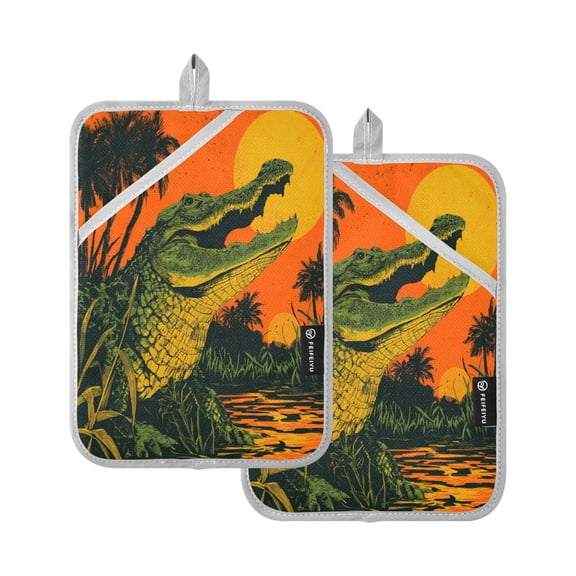 2Pack Heat-Resistant Quilted Cotton Potholders - Stylish Kitchen Grips for Hot Pots & Pans Ovens Orange Sky Gator