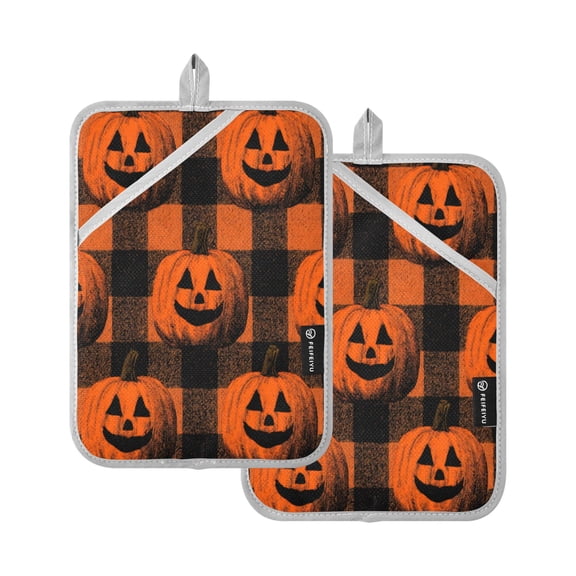 2Pack Heat-Resistant Quilted Cotton Potholders - Stylish Kitchen Grips for Hot Pots & Pans Ovens Orange Striped Smiley Pumpkins