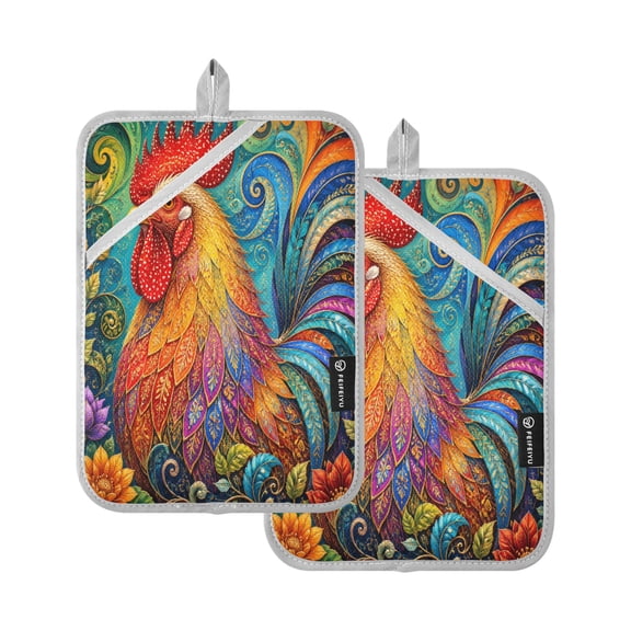 2Pack Heat-Resistant Quilted Cotton Potholders - Stylish Kitchen Grips for Hot Pots & Pans Ovens Ornate Golden Rooster Painting