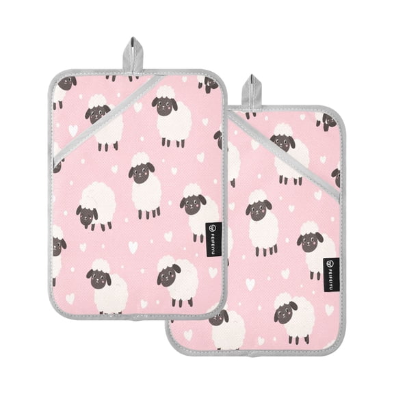 2Pack Heat-Resistant Quilted Cotton Potholders - Stylish Kitchen Grips for Hot Pots & Pans Ovens Pink Fluffy Sheep Pattern