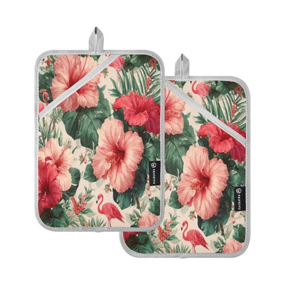 2Pack Heat-Resistant Quilted Cotton Potholders - Stylish Kitchen Grips for Hot Pots & Pans Ovens Red Hibiscus Flowers