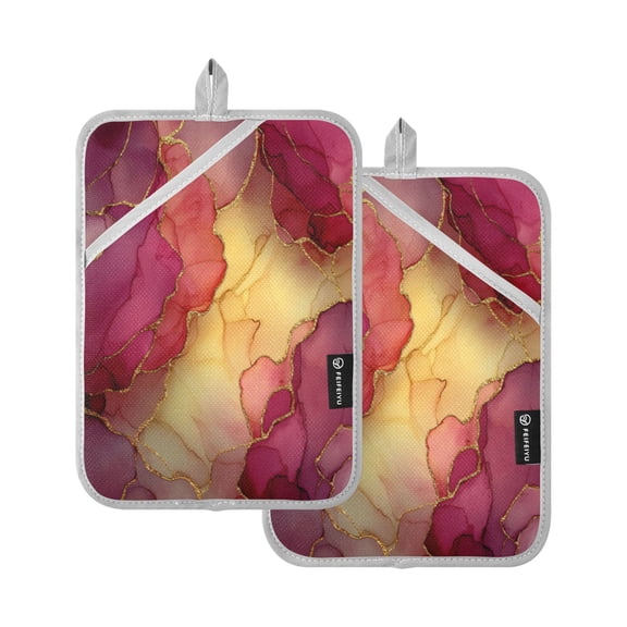 2Pack Heat-Resistant Quilted Cotton Potholders - Stylish Kitchen Grips for Hot Pots & Pans Ovens Red Marble Pattern