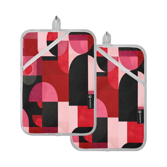 2Pack Heat-Resistant Quilted Cotton Potholders - Stylish Kitchen Grips for Hot Pots & Pans Ovens Red and Black Record Pattern