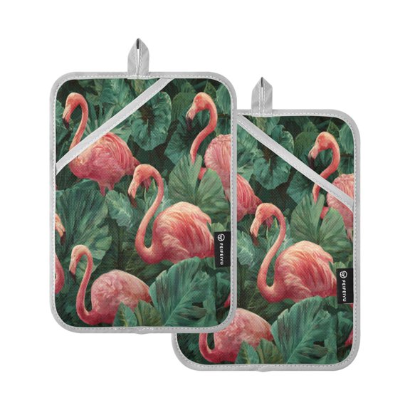 2Pack Heat-Resistant Quilted Cotton Potholders - Stylish Kitchen Grips for Hot Pots & Pans Ovens Repetitive Flamingos
