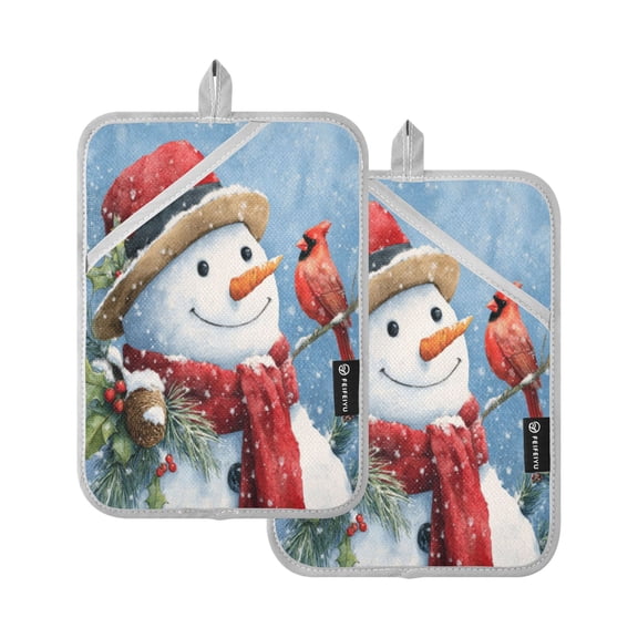 2Pack Heat-Resistant Quilted Cotton Potholders - Stylish Kitchen Grips for Hot Pots & Pans Ovens Snowman with Red Cardinal Bird
