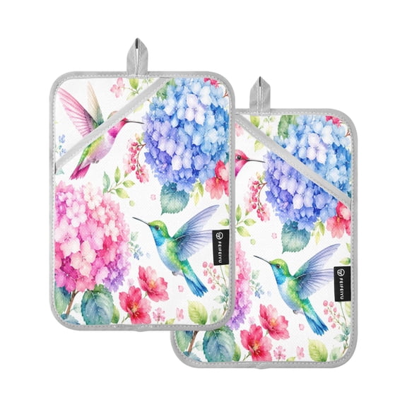 2Pack Heat-Resistant Quilted Cotton Potholders - Stylish Kitchen Grips for Hot Pots & Pans Ovens Soft Watercolor Bird Flower Garden