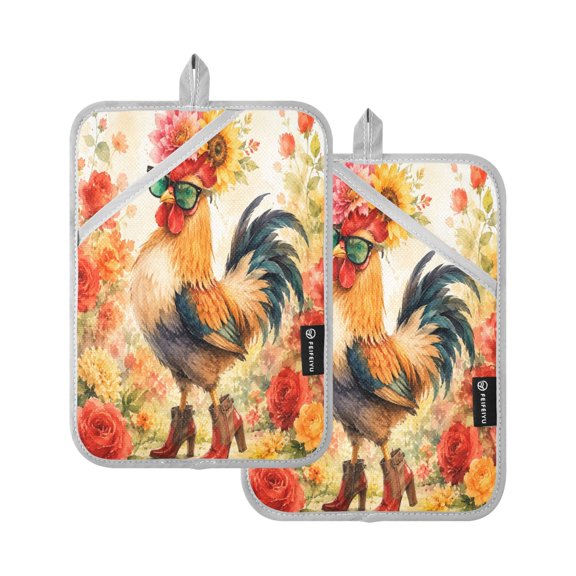 2Pack Heat-Resistant Quilted Cotton Potholders - Stylish Kitchen Grips for Hot Pots & Pans Ovens Stylish Rooster Pattern